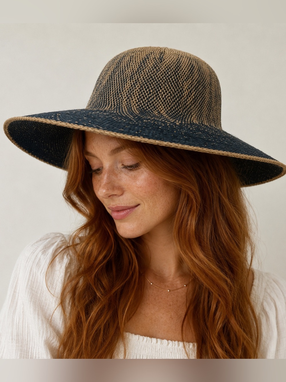 J. McLaughlin Navy and Tan Wide-Brim Straw Hat